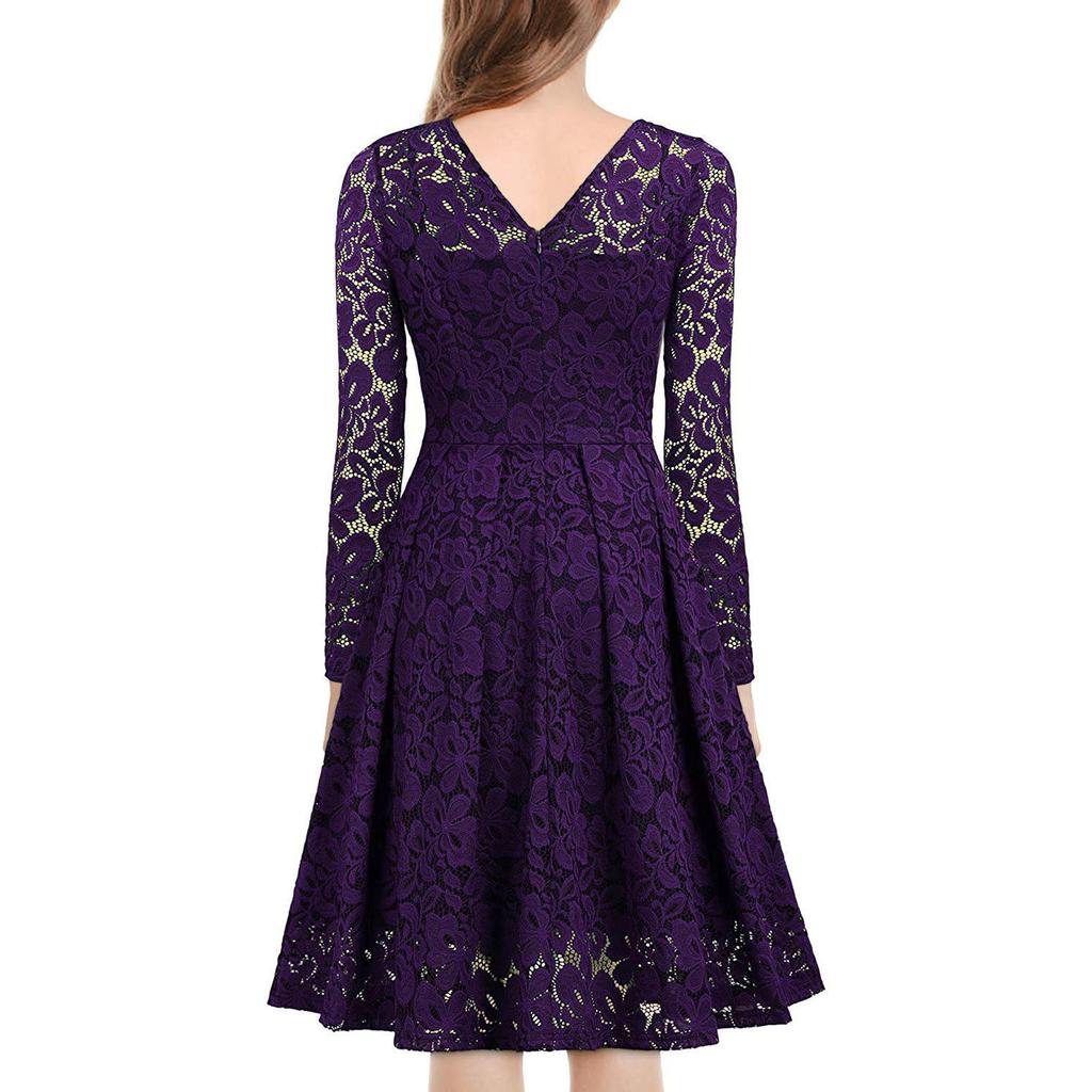 Women's Fashion Solid Color V-Neck Long Sleeve Slim Lace Knee Length Dress