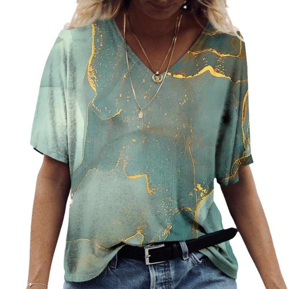 Women's T-shirt 2025 Summer New 3D Gradient Print Loose Retro Women V-neck Short Sleeved Street Style T-shirt Casual Top
