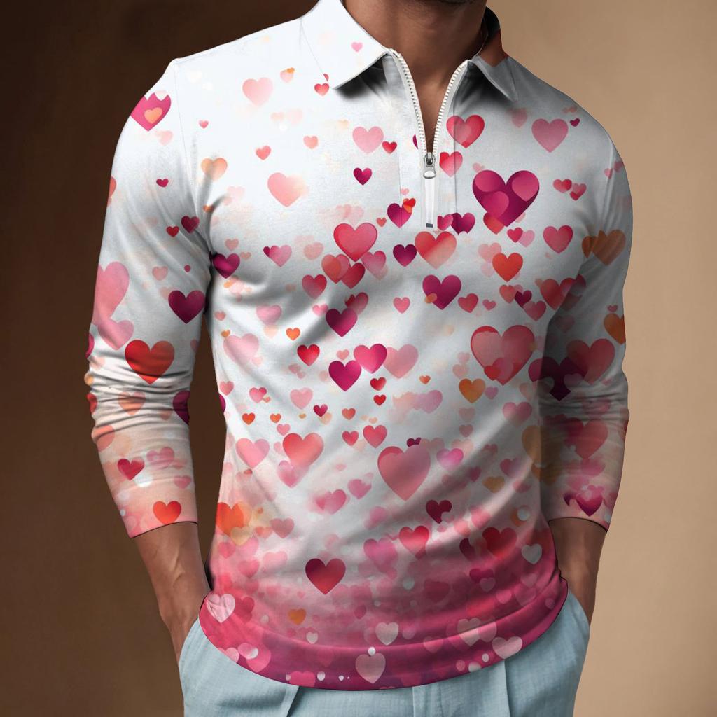 Trendy long-sleeve zip polo shirt with sparkling heart print, stylish casual men's top.