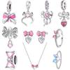 925 Silver,Pink Bow Pendant Beads Earrings Necklace Ring Pendant Suitable for European Original Bracelet DIY Exquisite Jewelry