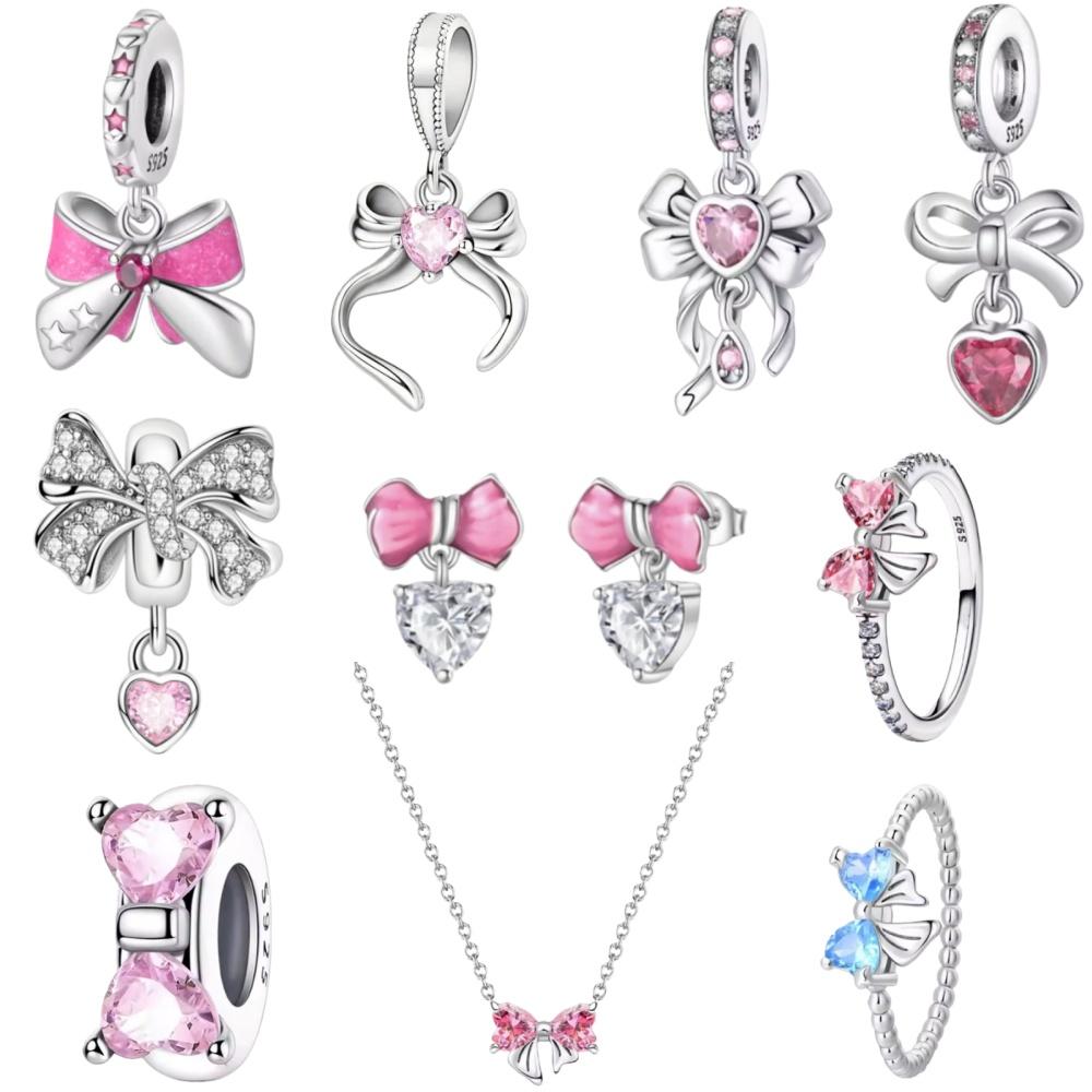 925 Silver,Pink Bow Pendant Beads Earrings Necklace Ring Pendant Suitable for European Bracelet DIY Exquisite Jewelry