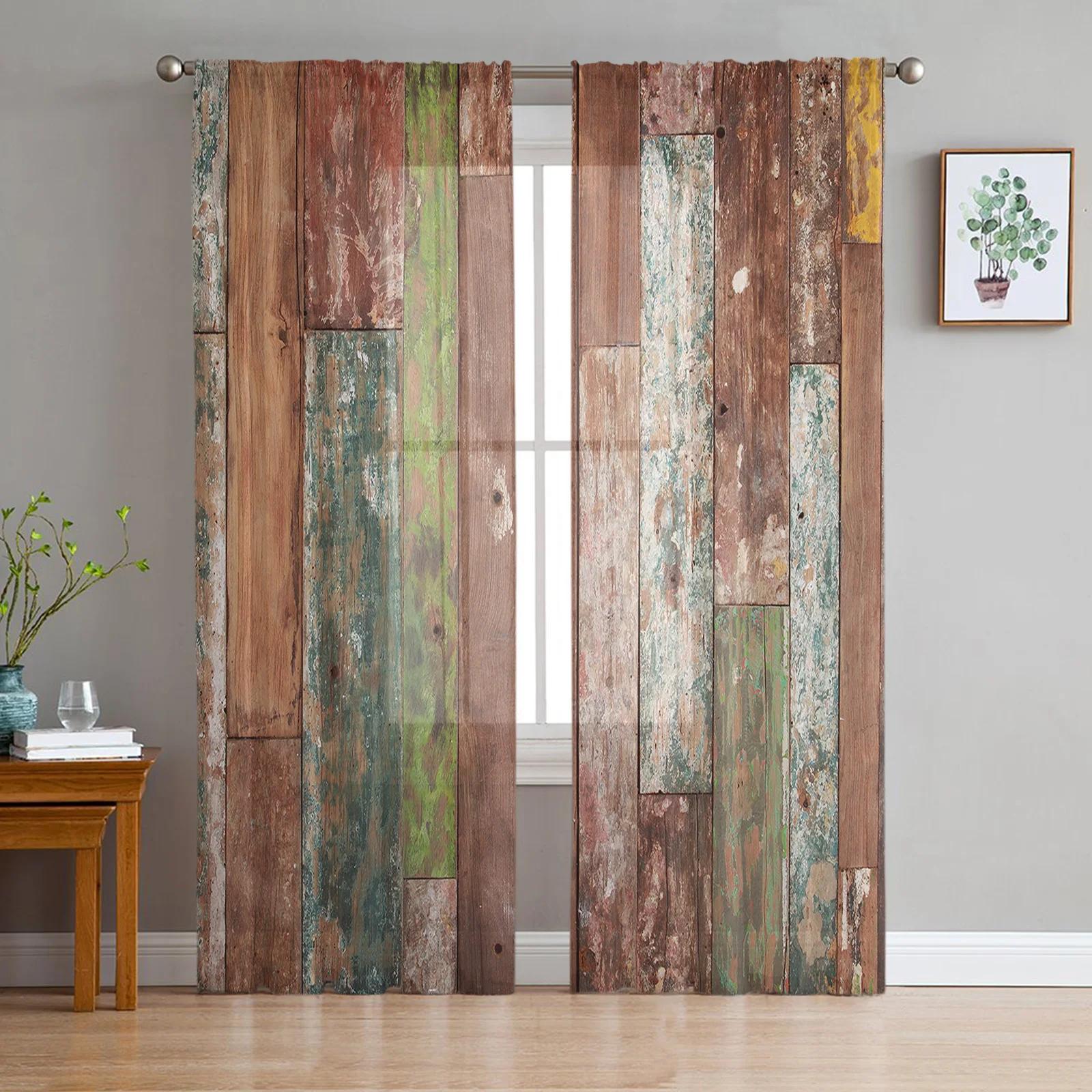 

Planks Shabby Retro Wood Brown Translucent Drapes Living Room Window Tulle Drapes For Bedroom Space Kitchen Area Home Decoration Voile Curtains W135 x H115cm x1&Rod Pocket