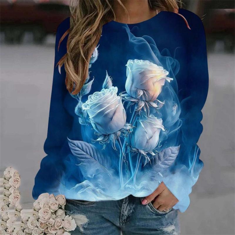 Spring and Autumn Round Neck Rose Flower 3D Printed Top Fashionable Casual Long Sleeved Women's T-shirts