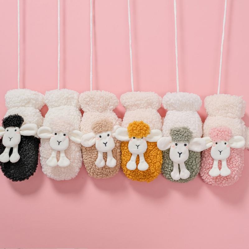 Fluffy Animal Mittens Plush Sheep Gloves with String Full Finger Mittens Winter Warm Mittens Cartoon Gloves for Women