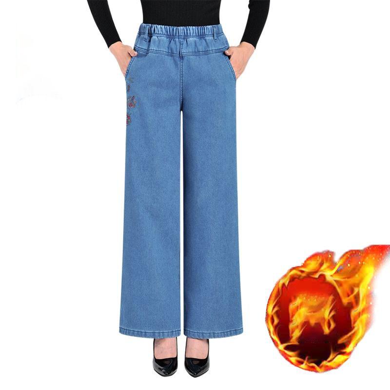 Winter Oversized Wide Leg Jeans Warm Womens Plus Velvet Denim Pants Vintage Moms Thick Plush Vaqueros Casual Baggy Trousers
