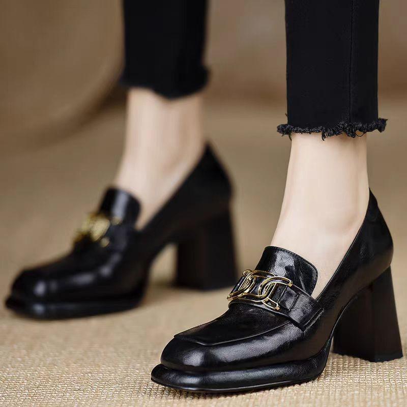 2025 Spring Shoes Square Toe Casual Shoes Formal British retro Mouth Solid Color Fashion Simple Basic Style High Heels