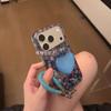 Glitter floral blue love bracket chain is suitable for Apple 14Promax mobile phone case 16.