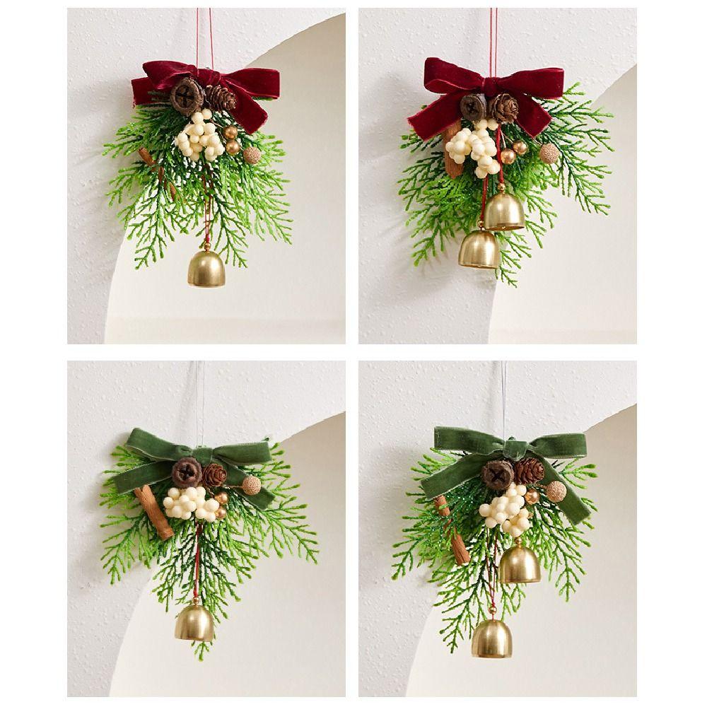Creative Christmas Bell Pendant Velvet Bow 3D Christmas Hanging Decorations Artificial Pine Crisp Sound Xmas Tree Pendant