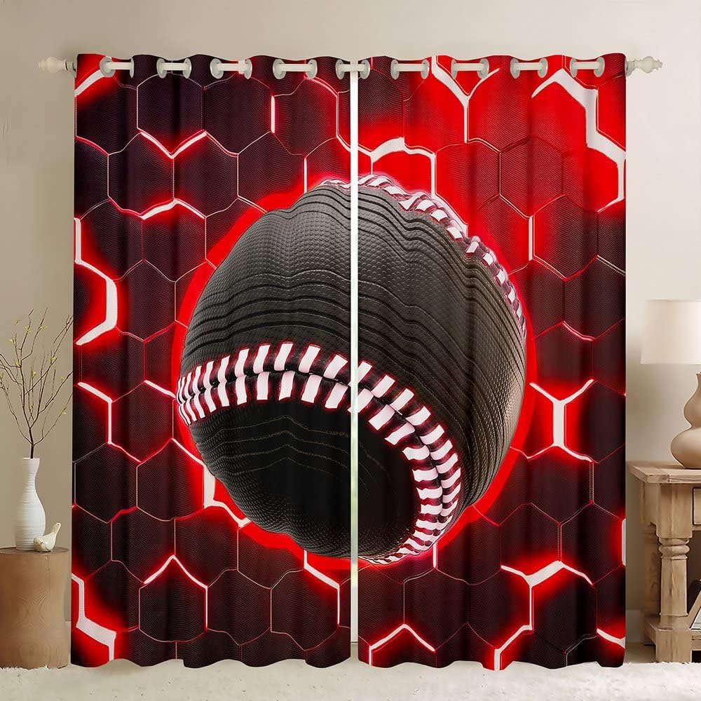 2 Panel Hexagonal Geometric Glowing Curtain Basketball Baseball Football Soccer Curtain for Boys Bedroom Blinds Window Cortinas