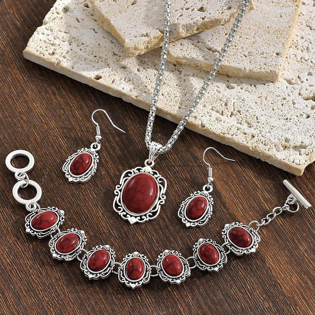 European & American Bohemian Turquoise Jewelry Set: Necklace, Earrings & Bracelet In Ethnic Style