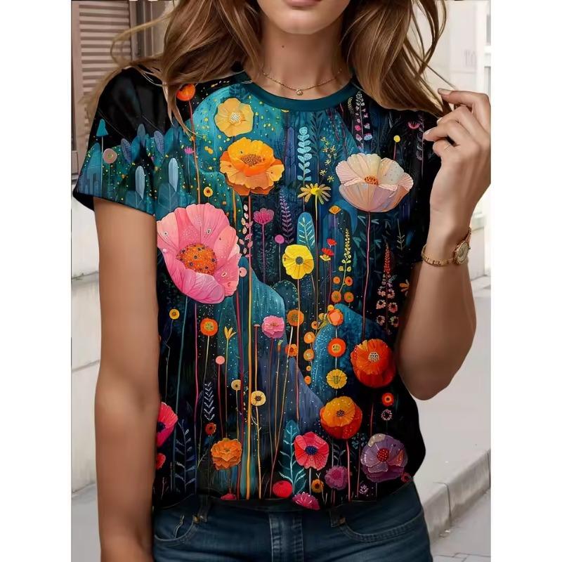 Women's Flower 3D Prints T-Shirts Short Sleeve Tees Tops 3D Prints Crew Neck T- Shirts Summer Casual Women's Clothing Apparel