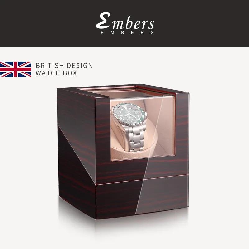 Embers Luxry Single Watch Winder Battery Wooden Shaker Watch Box Automatic Winder Glass Storage Case Mabuchi Motro