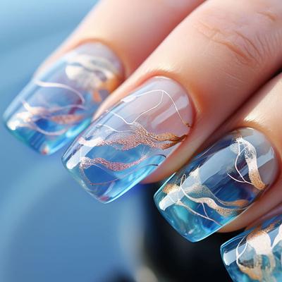 Europeo y americano medio y largo Europeo cuadrado azul frío mancha arte de uñas líneas de lámina de oro usar uñas uñas