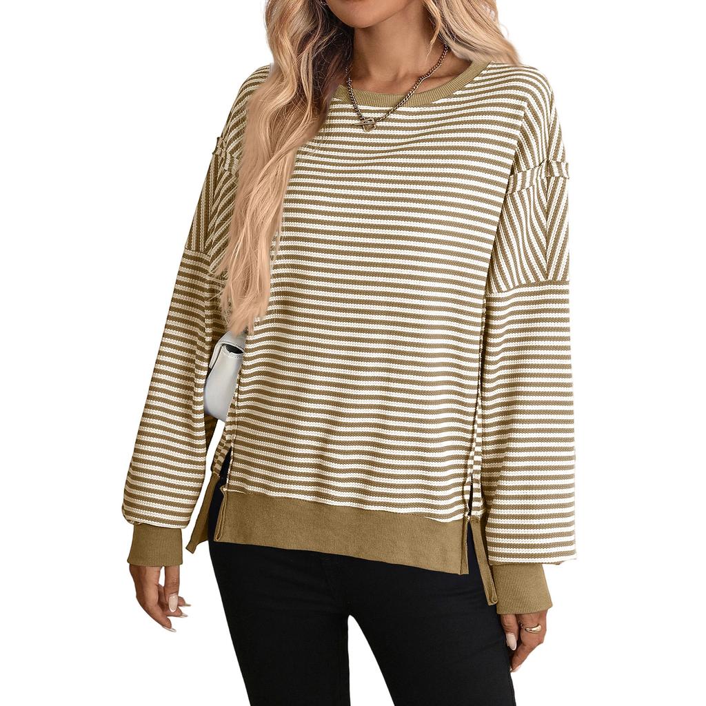 Women's Long Sleeve Striped Neck Sweatshirt, Casual Loose Fit Pullover