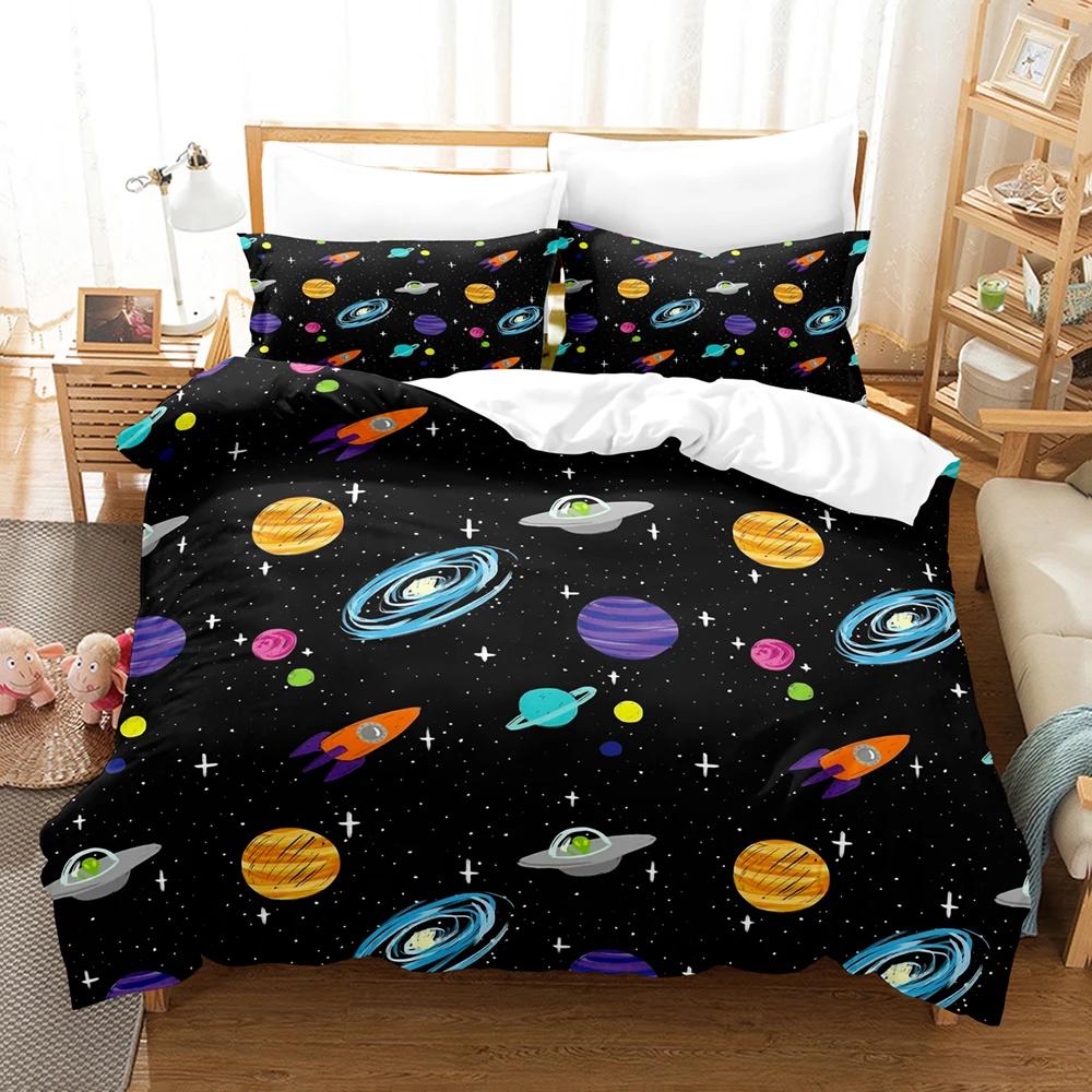 Space Beding Young Boys Adorable Lovely Space Alien Soft Duvet Cover Gren Rocket Ship Carton Planet Warm Comforter Cover Black Beding Set for Kid Ten