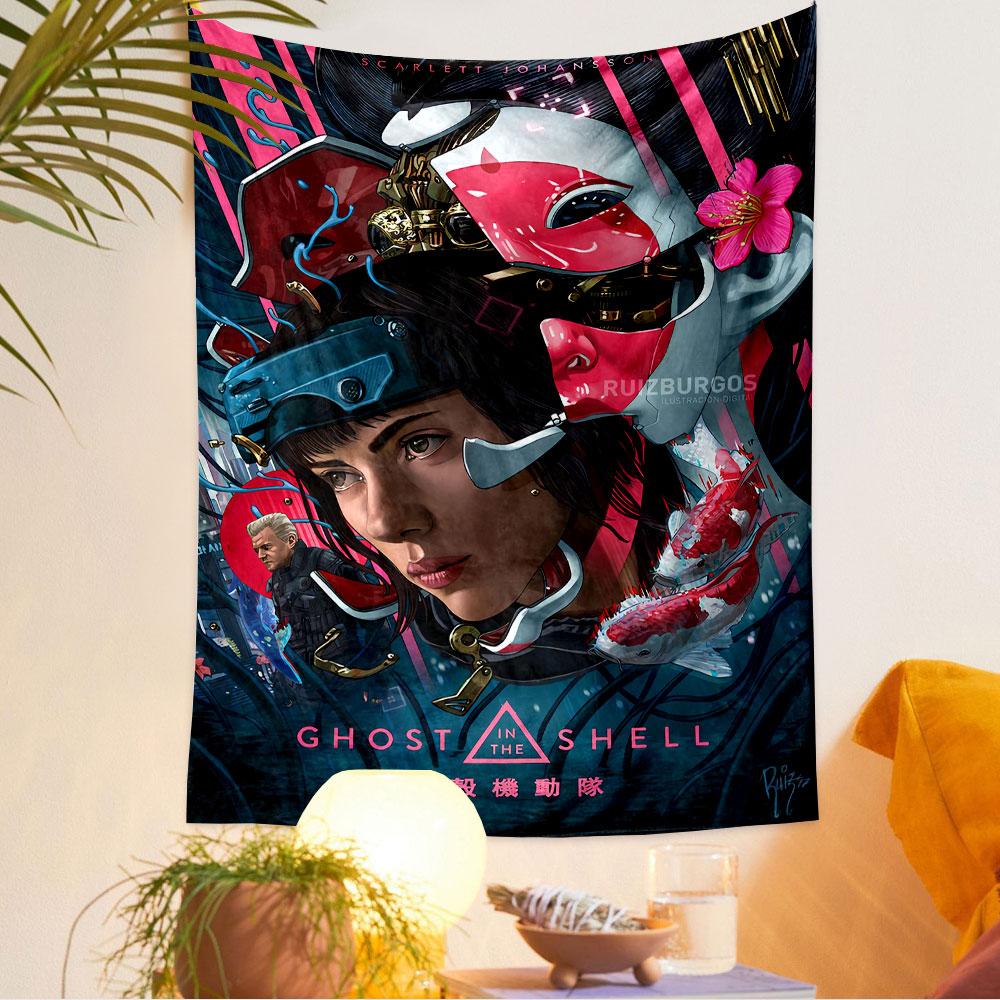 Ghost in the Shell Tapestry Wall Hanging, Cyberpunk Anime Poster Art, Sci-Fi Wall Decor for Bedroom Living Room Dorm