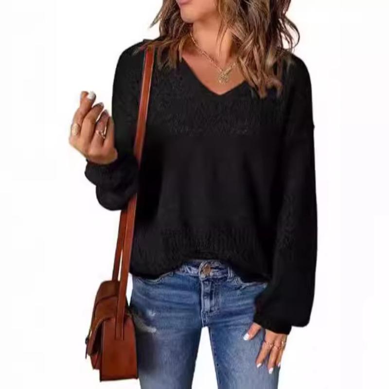 Autumn and Winter New Women's All Match Pure Cotton Casual Long Sleeved V-neck Lightweight Knitted Pullover Sweater Top