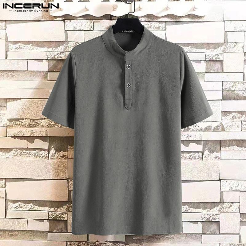 

INCERUN Мужские рубашки с коротким рукавом однотонные летние топы Henley