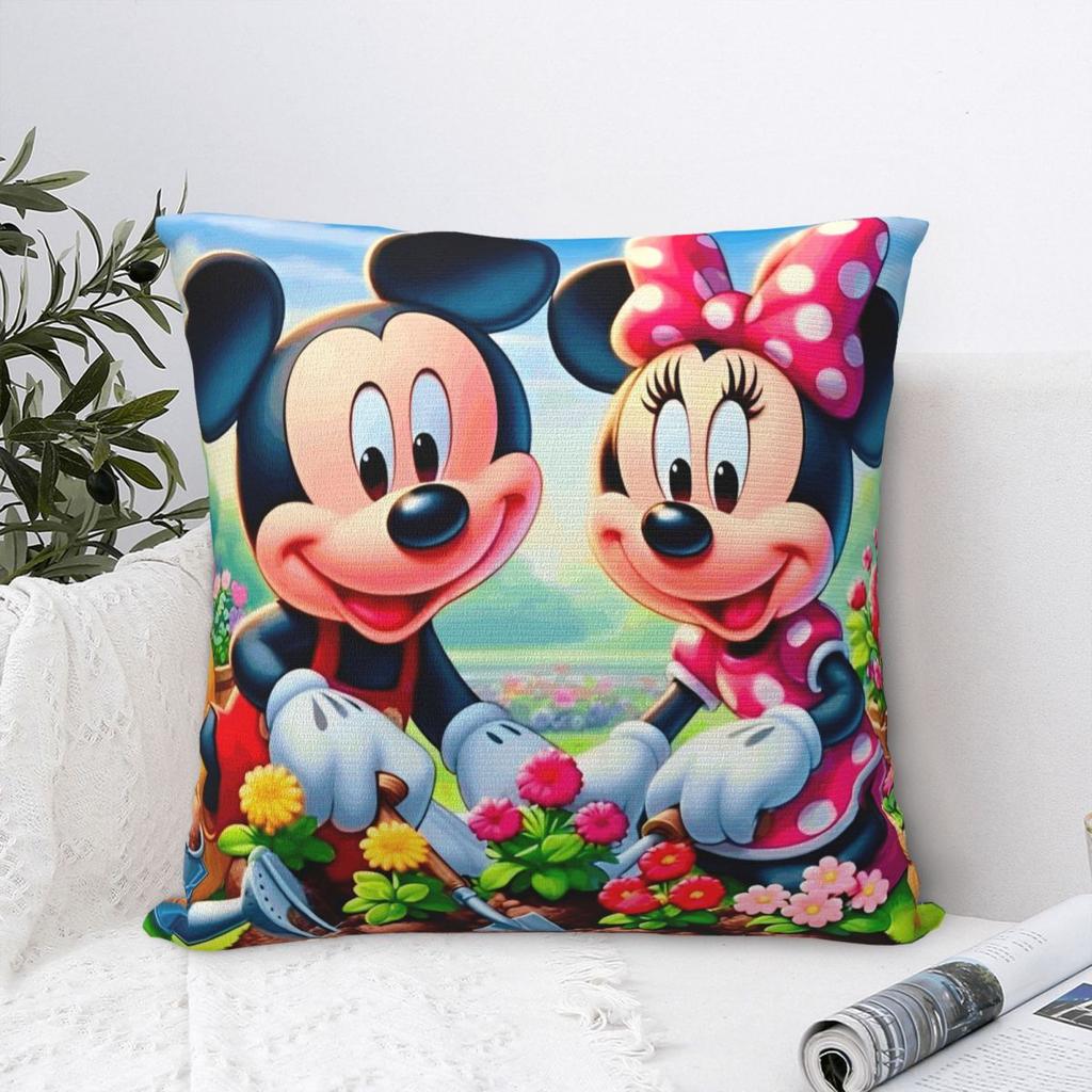 Kawaii Mickey Minnie Paar Kissenbezug, bedruckt, Polyester, Kissenbezug, Dekokissenbezug, Sitzkissenbezug, Reißverschluss, 40 x 40 cm