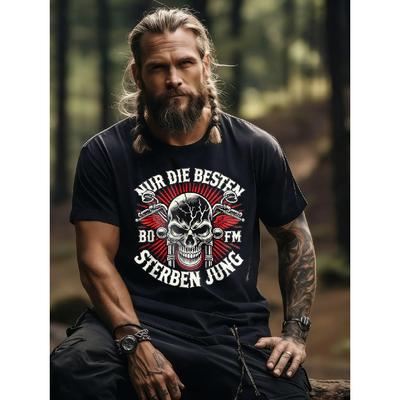 T-shirt nera da uomo a maniche corte con audace grafica di teschio e motocicletta, girocollo, vestibilità rilassata, morbida al tatto come il cotone, stile biker grintoso per il tempo libero