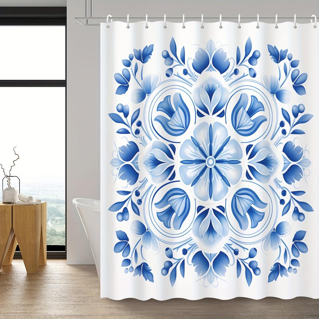 Blue Floral Waterproof Shower Curtain, 100% Polyester, Machine Washable, Grommet Top, Hotel & Apartment