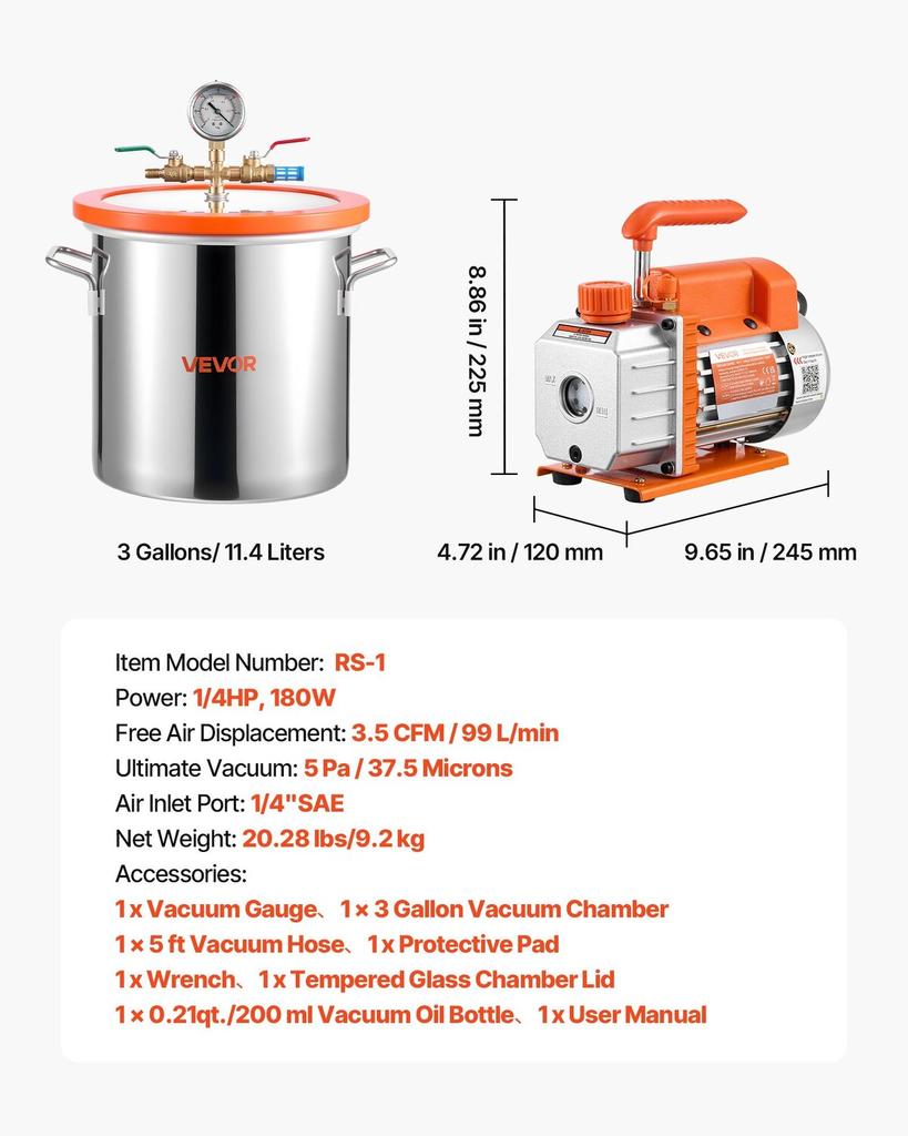 11.36 L Vacuum Chamber with Pump, 3.5 CFM 99 L/min, Single Stage Vacuum Pump, Stainless Steel Degassing Chamber Kit, Tempered Glass Lid, 1.5 M Hose,
