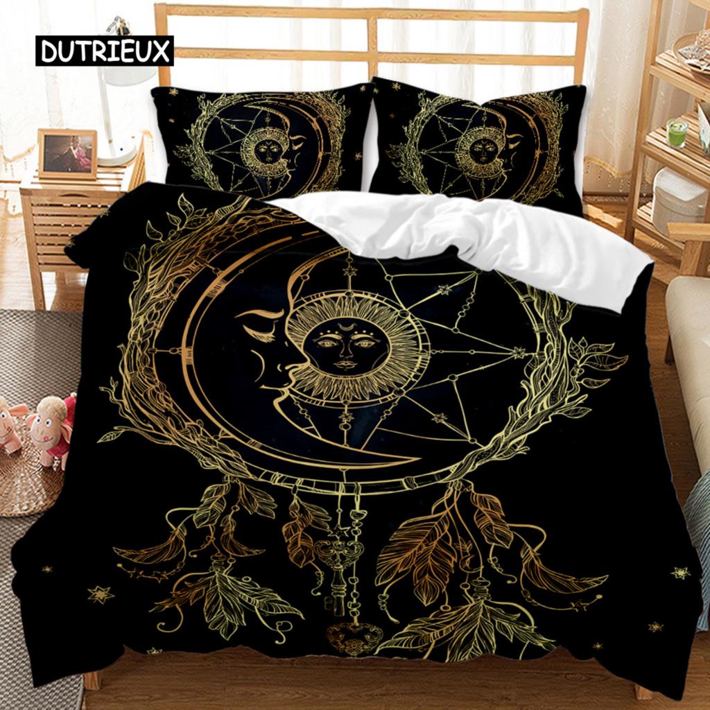Bohemian Duvet Cover Set 3D Golden Sun and Moon Bedding Set for Kids Teens Adults Double Queen King Size Polyester Qulit Cover