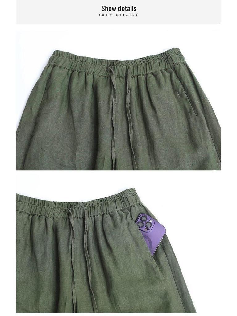 Nové dámské bavlněno-lněné ležérní kalhoty se širokými nohavicemi v čínském stylu - Elastický pas, volný střih plus size, tenké kalhoty s rovnými nohavicemi na léto