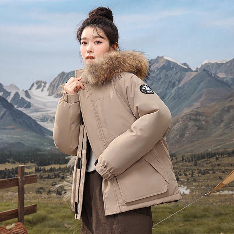 Mittellange, wattierte Baumwolljacke für Damen im Winter, neuer koreanischer Stil, Kapuze, großer Pelzkragen, dick gefütterte Damen-Parkajacke