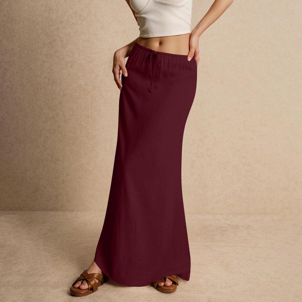 Women's Summer Maxi Skirt Drawstring Low Waist A Line Casual Skirts High Elastic Waisted Bodycon Long Maxi Skirts
