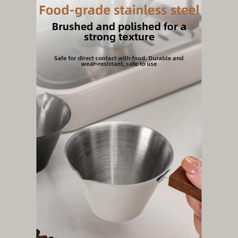 Stainless Steel Espresso Measuring Cup Clear Capacity Marks Spout Mouth Scaled Coffee Pouring Cup Thicken Wood Handle