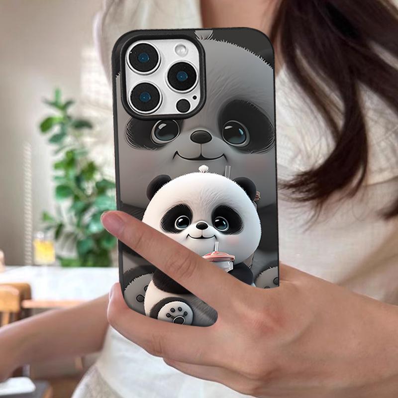 Case For iPhone 17 Pro Max Milk Tea-drinking Panda Pattern Leather Texture Soft Silicone Cover For Funda iPhone 16 Pro Max 15 14 13 12 11 Air 16E