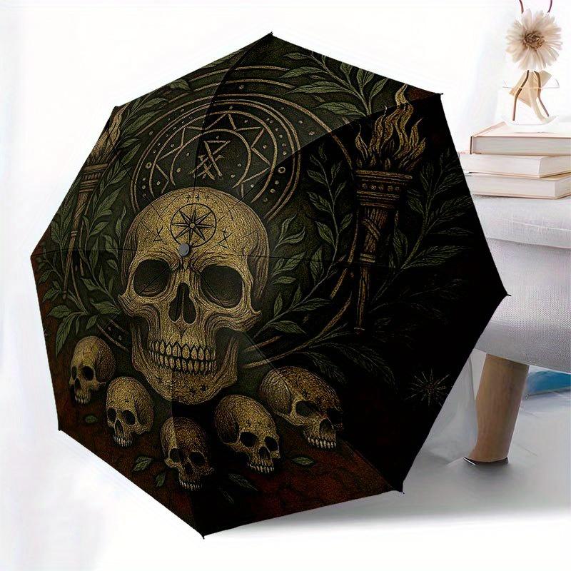 Skull and Laurel Wreath Circular Wall Art Umbrella, Portable 3-Fold Compact Umbrella for Men & Women R119