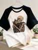 Halloween Skull and Cat Print Raglan Sleeve T Shirt Comfortable Women's Crew Neck Short Sleeve T-shirt Gothic Vintage Y2k Tops