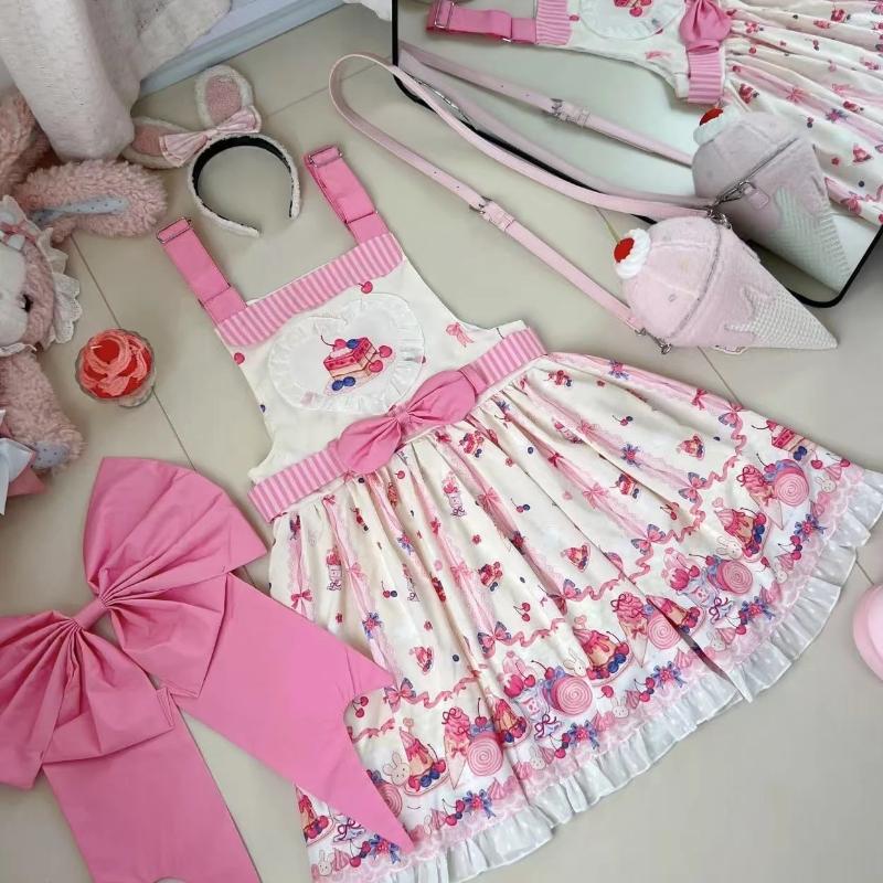 

Japanese Kawaii Lolita Jsk Dress Women Cute Lace Ruffles Cartoon Cake Print Bow Strap Dress Girls Sweet Tea Party Princess Dress XS бежевий