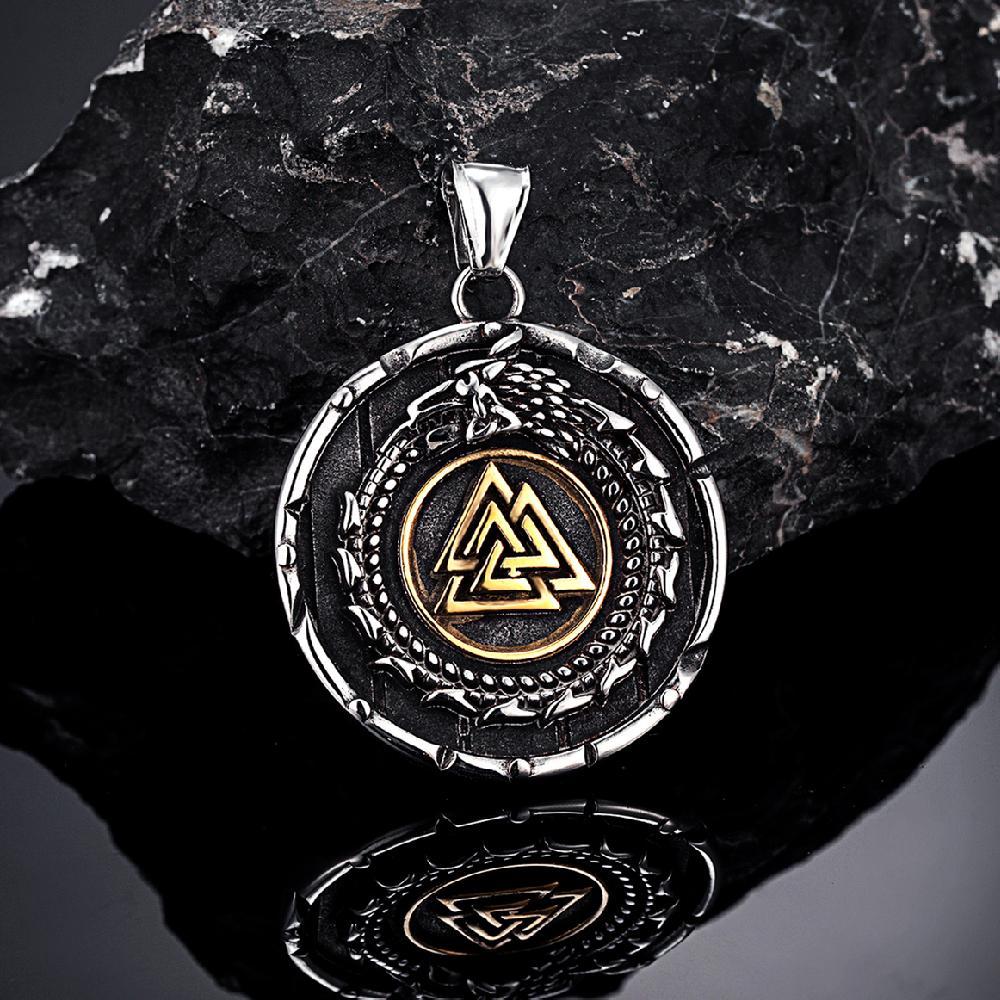 Vikings Ouroboros Dragon Necklace Men Stainless Steel Norse Runes Triangle Pendant Scandinavian Jewelry Gift