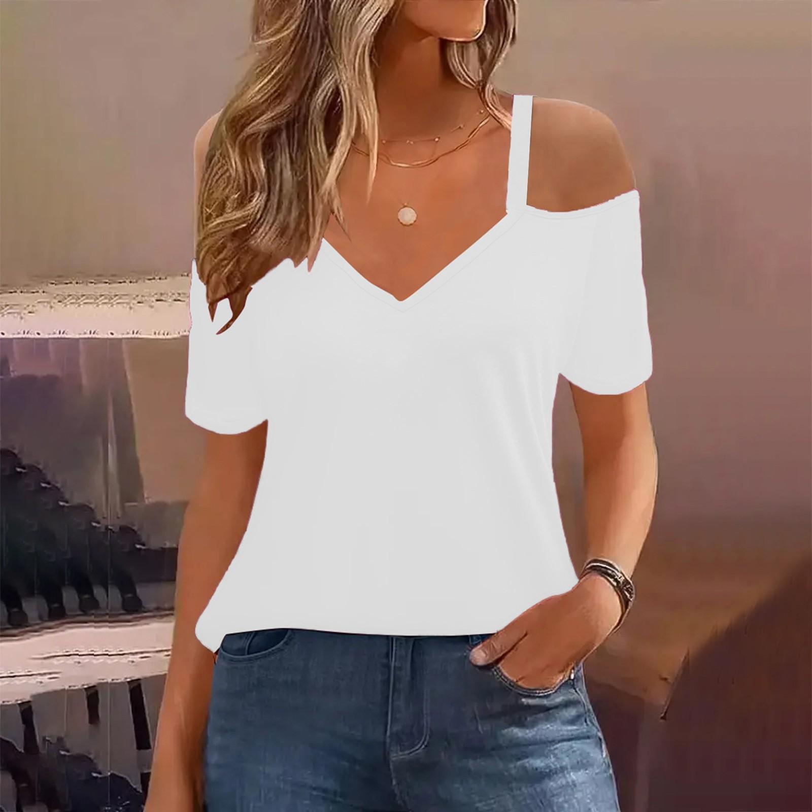 

Женские сексуальные топы с открытыми плечами, обтягивающие топы, однотонные топы с V-образным вырезом, простые футболки с короткими рукавами, повседневные рубашки с короткими рукавами XXXXL белый