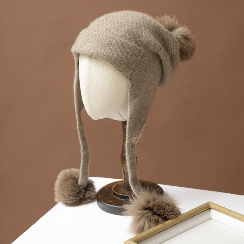 Autumn and winter new cashmere blended hat knitted hairball versatile bag head ear protection cold warm hat