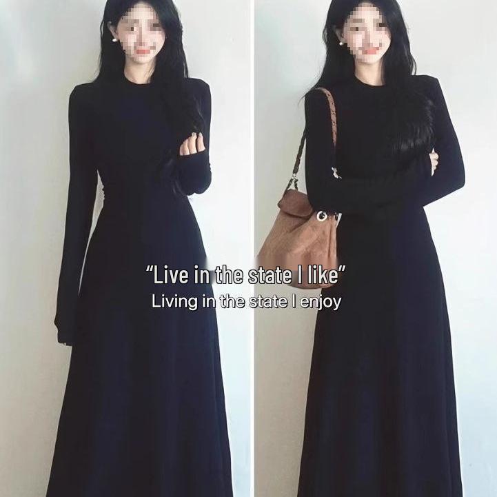 Elegant Black Long-Sleeve A-Line Dress - Autumn/Winter 2026 French Slim Fit Women's Fashion