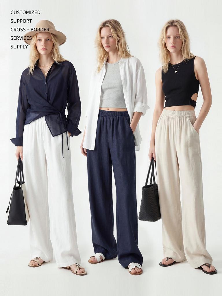 Women's Summer Linen Wide-Leg Pants - Loose, Floor-Length, Casual Fit