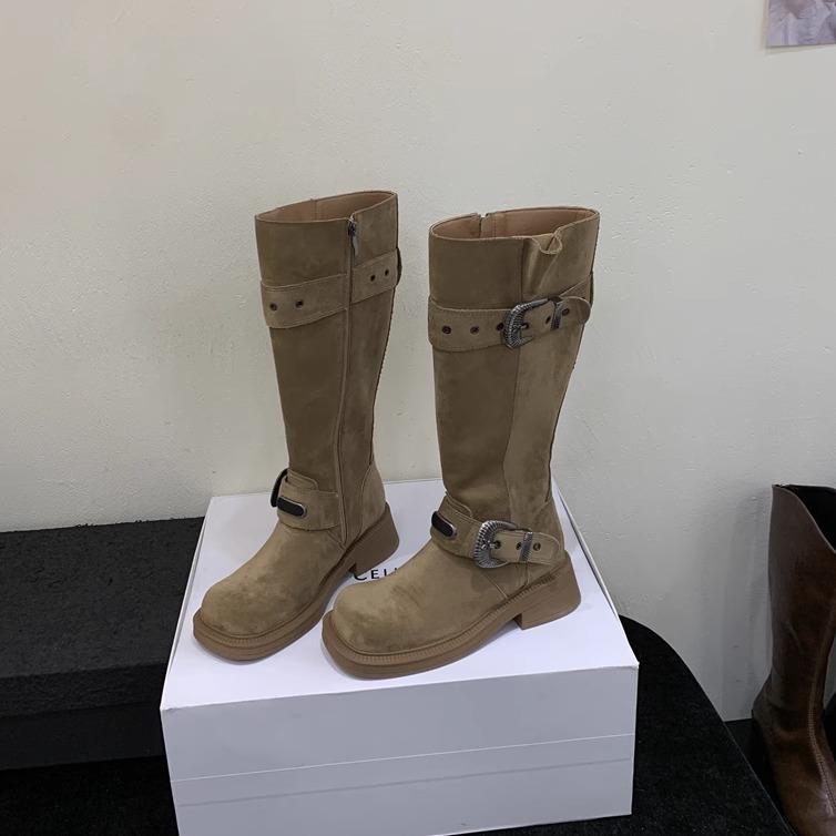 Spice Girl Fashion Tall Fashion Boots Women's 2025 Autumn and Winter New Metal Belt Buckle Square Head Middle Heel Boots