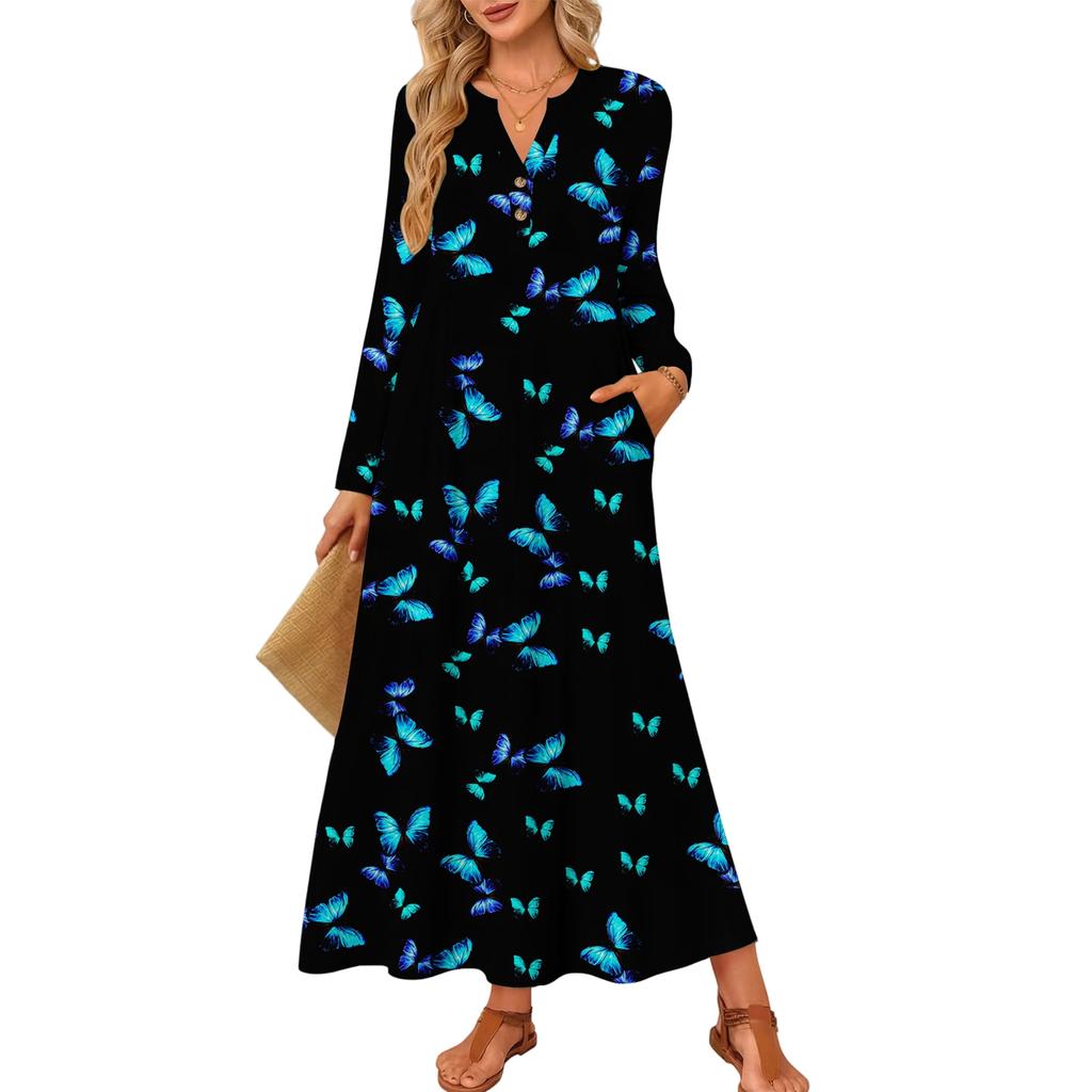 Women Retro Printed Long-sleeved Comfortable Loose Dress, Elegant Dress