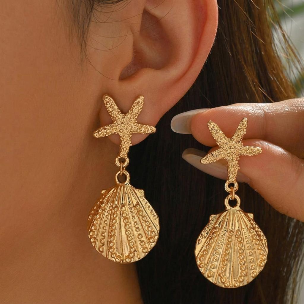 Exaggerated Large Metal Starfish Conch Drop Earrings for Women Ocean Style Long Tassel Piercing Earring Girl Beach Party Jewelry