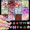 12Grids/Box Mixed Resin Bowknot Nail Charms 3D Colorful Bow Kawaii Rhinestone Nail Art Decorations DIY Manicure Parts Pen Tweeze