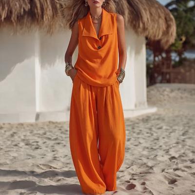 Women's Summer Sleeveless 2 Piece Sets Button Up Lapel V Neck Top Wide Leg Pants Casual Vacation Outfits with Pockets