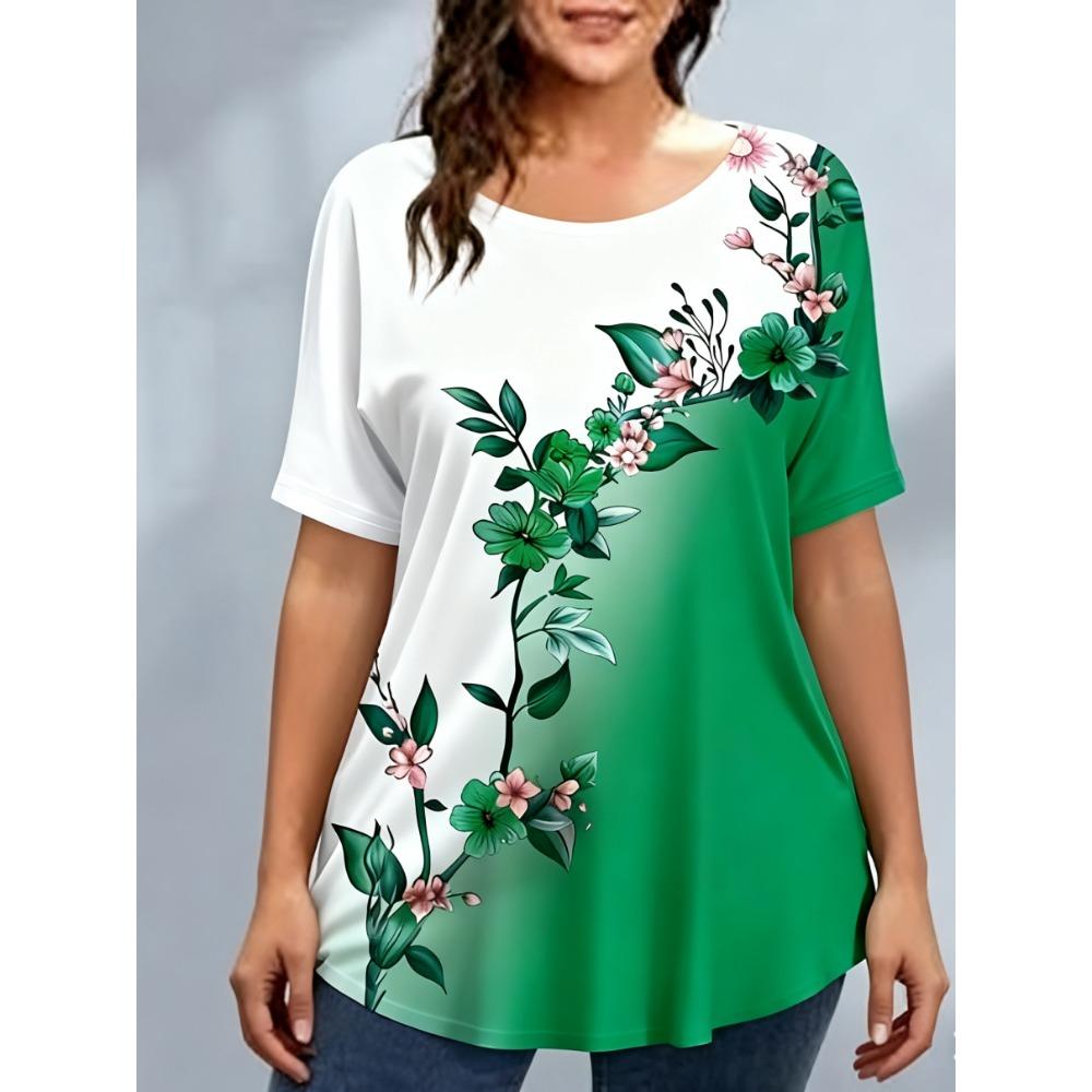 Tricouri de damă mărime mare XL-7XL Tricou de damă cu gât rotund, la modă, cu patchwork floral și imprimeu colorat, cu mânecă scurtă