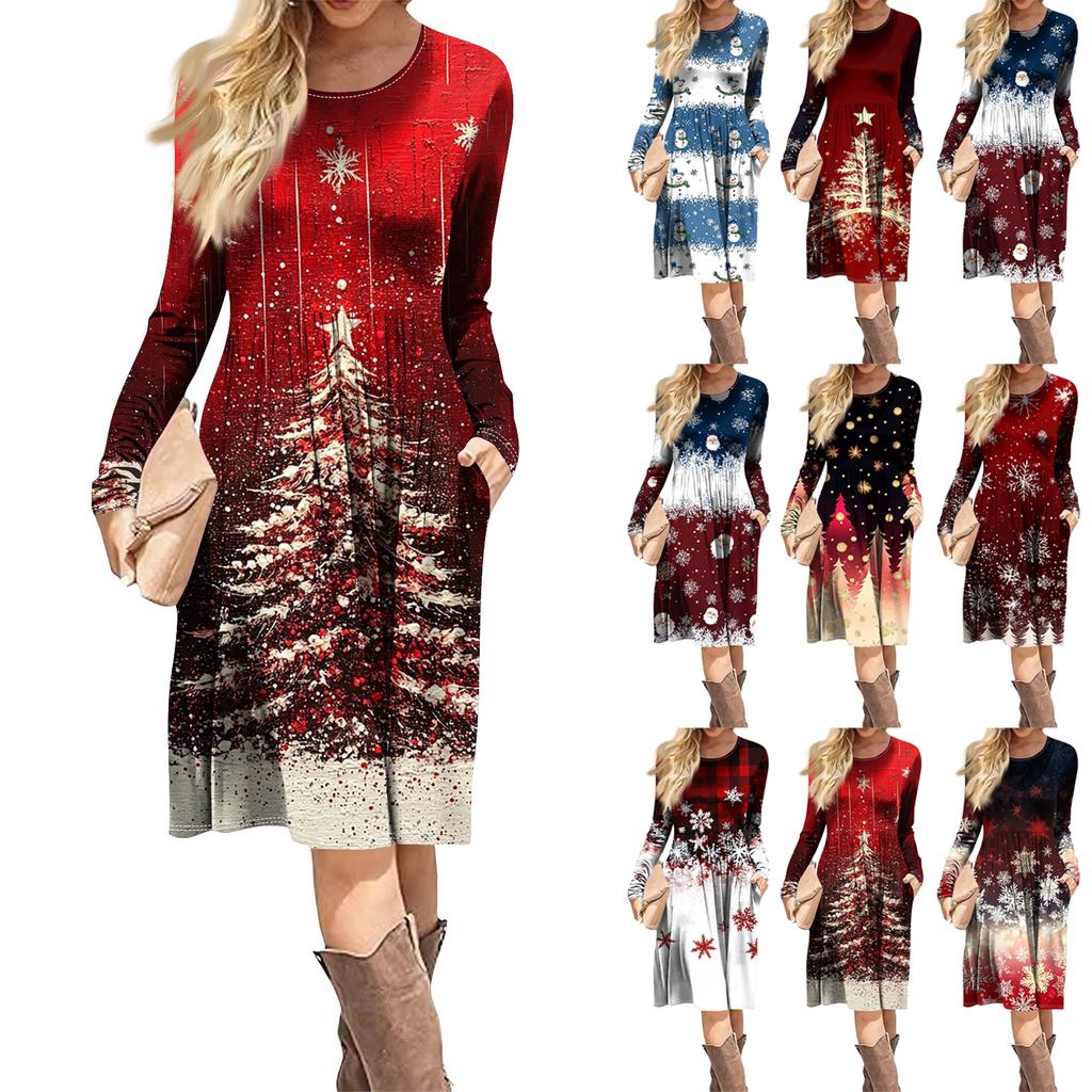 Rochie casual de damă cu imprimeu gradient, de primăvară, cu buzunar, cu gât rotund și mâneci lungi