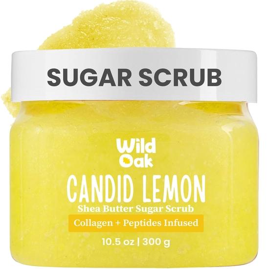 WildOak Candid Lemon Sugar Body Scrub | 300g | Kojic Acid, Hyaluronic Acid, Ceramides, Collagen & Peptides | De-Tan & Brightens Dark Areas