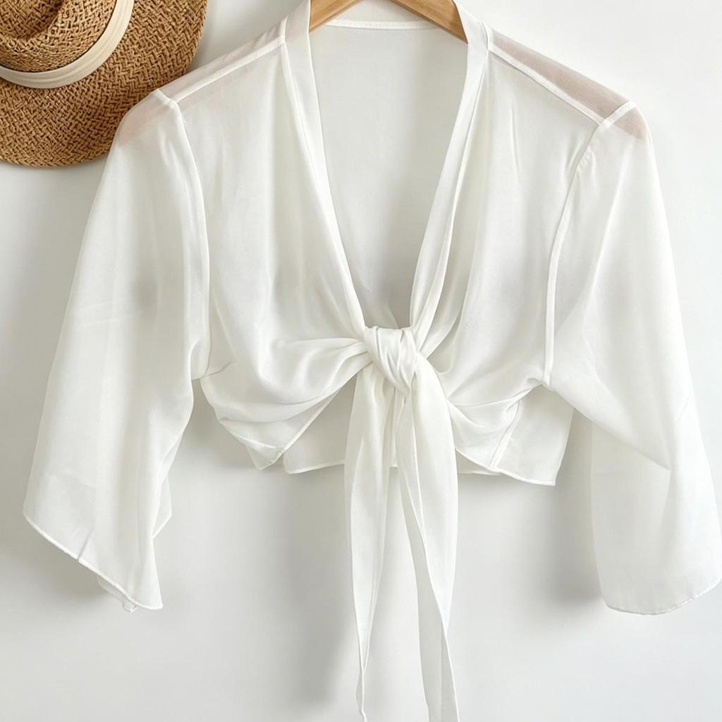 Women's White Ice Silk Sun Protection Shawl - Summer Lace-Up Gauze Top