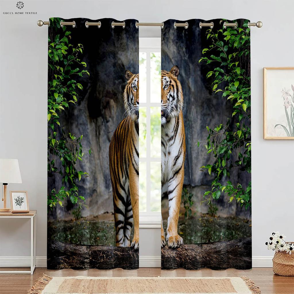 Decorative Tiger and Forest Animal 3D Printing Curtains Suitable for Bed Room Living Room Study Room 2 PCs High Quality
